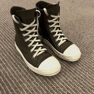 Rick Owens Women’s Leather Porterville High Top Sneaker – Brown (Bean/Milk/Milk)